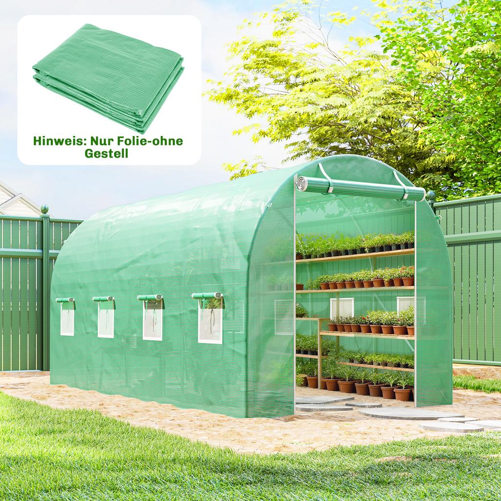 Greenhouse Film 4 x 2 m, Waterproof Garden Film with Door, 8 Windows, UV Protection, Tear-Resistant Polyethylene FILM ONLY Green
