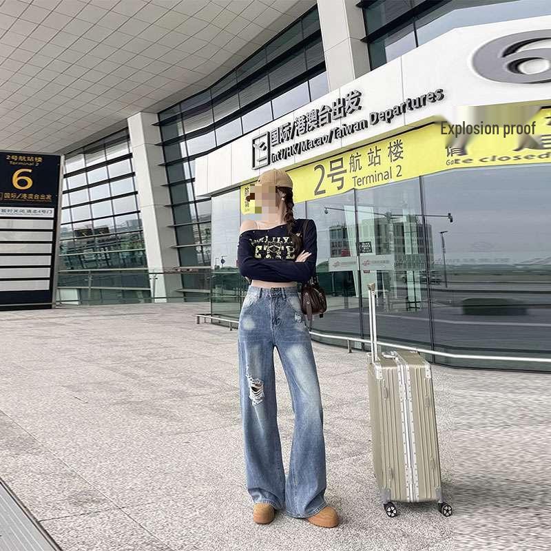 

Women s Retro High-Waist Ripped Straight-Leg Jeans - Loose Fit Wide-Leg Floor-Length Pants for Petite Sizes L синій