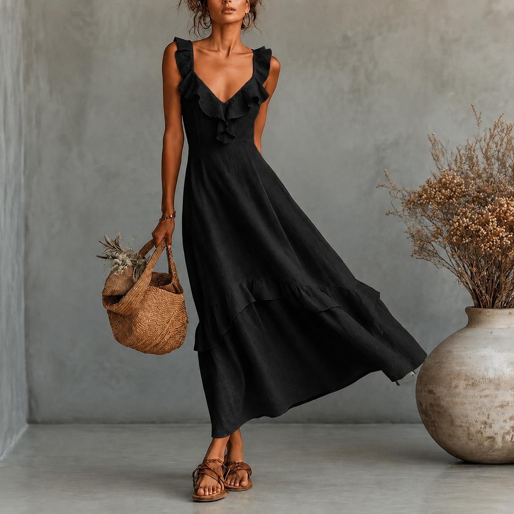 European and American women's summer new French ruffled spaghetti strap dress, linen-textured vacation maxi dress