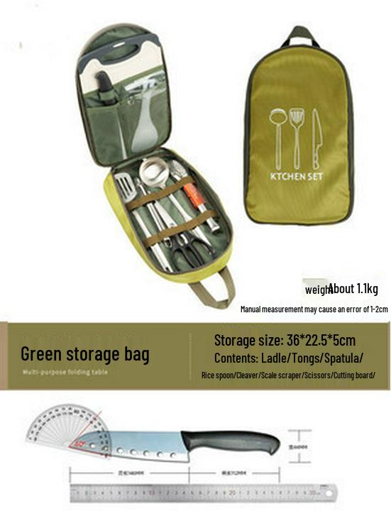 Portable Outdoor Cookware Set: Stainless Steel Cutlery, Storage Bag, and Cutting Board for Camping and Picnics.