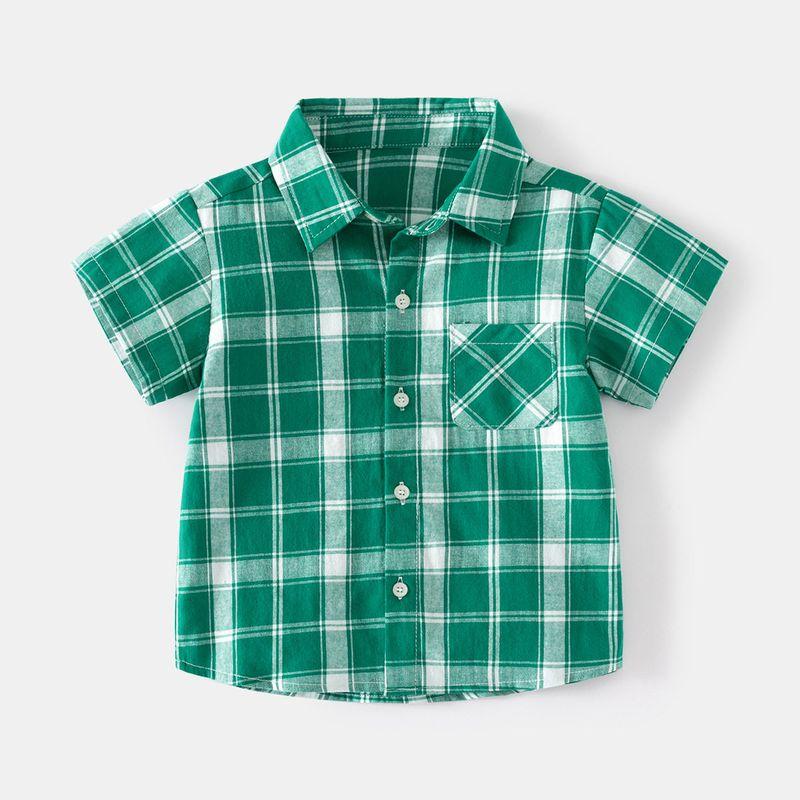 Kids Pure Cotton Gingham Element Style Baby Boy Polo Shirt Short Sleeve Shirt Boy Casual Polo Collar Summer Shirt Group 18 Forest Green Check 90 cm