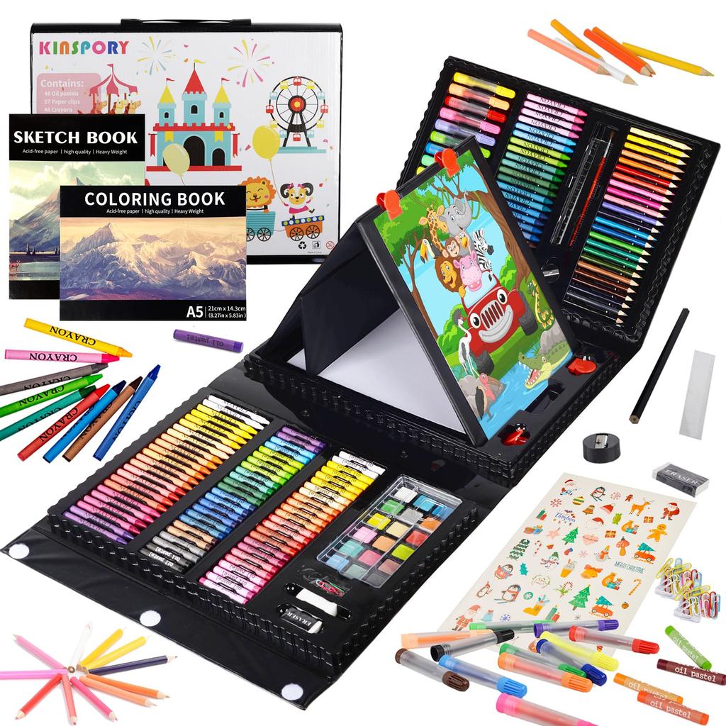 KINSPORY 290-Piece Kids Art Set with Dual-Sided Easel, Colored Pencils/Markers/Crayons/Watercolors, W150, Black