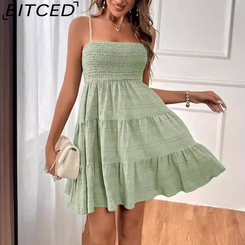 BITCED Women's Summer Off-the-Shoulder Fine-Strap Solid-Colour Textured Dress