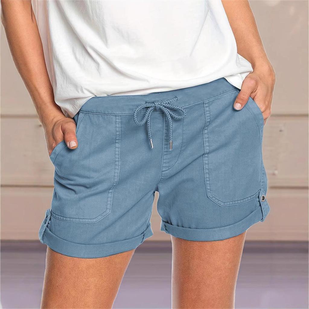 2025 Women's Casual Solid Color Straight-Leg Lace-Up Shorts