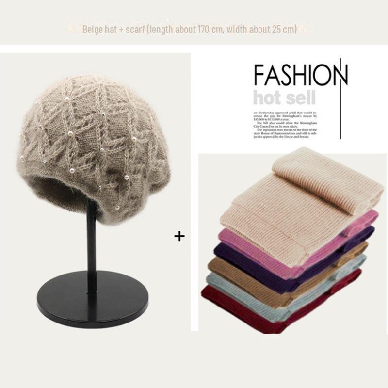 

Корейский стиль Толстая флисовая теплая вязаная шерстяная шапка с защитой ушей для женщин Off-white (hat + scarf) грязно-белый