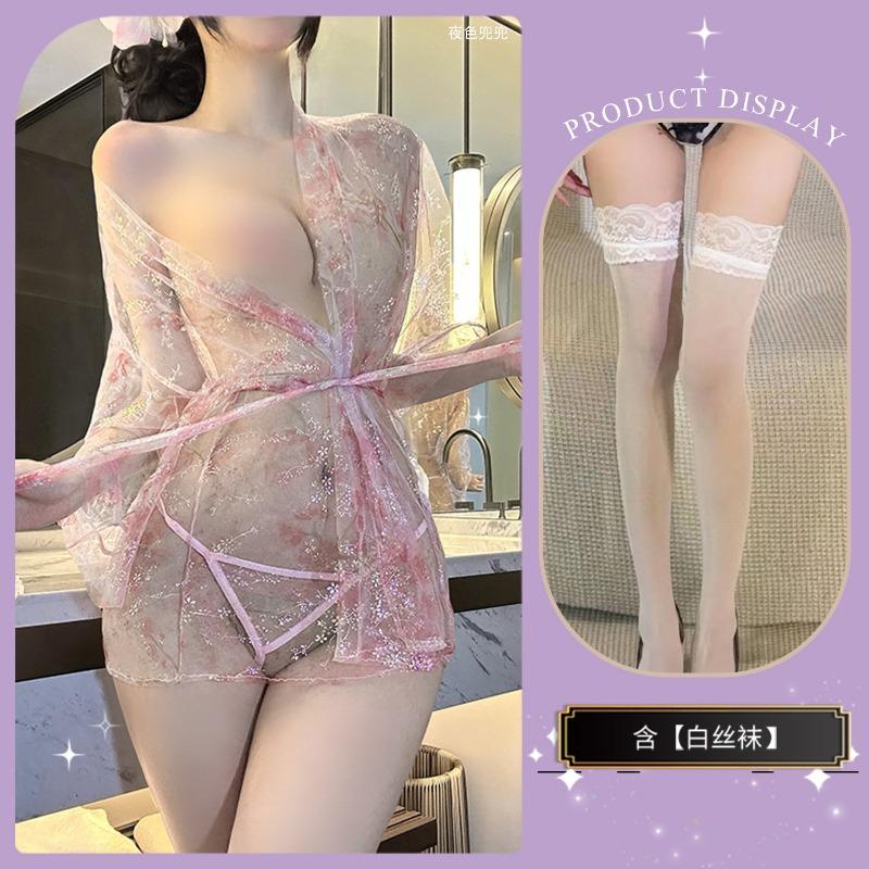 Sexy Lingerie Collar Bathrobe One-word See-through Blouse Sexy Pajamas Bronzing Print Cardigan and Clothing