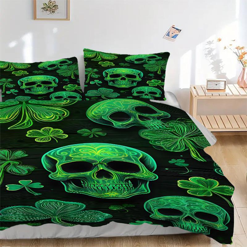 

3PCs Green Skulls Design Cover Set, Breathable Fabric, Machine Washable (1 Duvet Cover + 2 Pillowcases) (Without Quilt) yy250911153 135x200cm