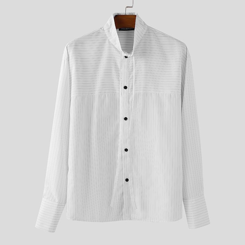 INCERUN Men Spring Stand Neck Long Sleeve Striped Casual Oversized Shirts Tops