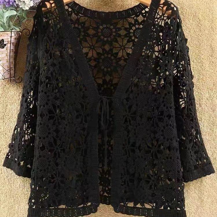 Women Hollow Lace Sunscreen Cardigan Sweater Wide Loose Air Conditioning Knitted Sweater Thin Section Female Spring Autumn