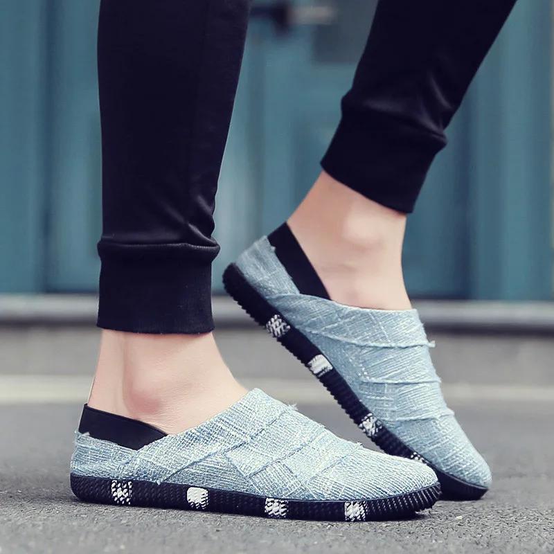 Men's Korean Style Trendy Casual Shoes with One Foot Spring and Summer Linen Canvas Shoes Flat Bottomed Lazy Black Walking Shoes