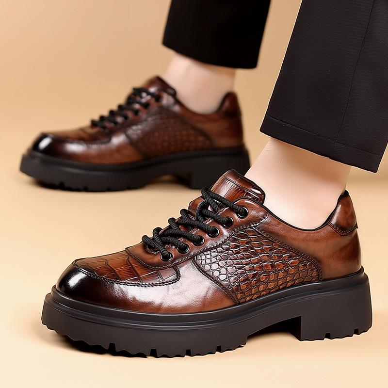 Fashion Crocodile-patterned Anti-slip Leather Shoes Men New Designer Fashion Casual British Style Solid Color Platform Dress Shoes Man