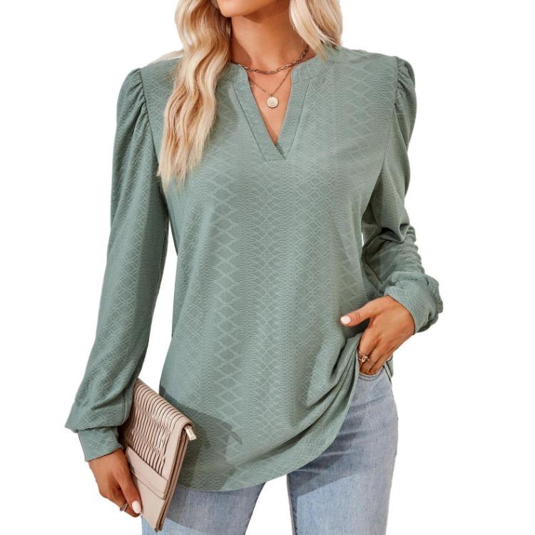 V-neck Long Sleeve T-shirt Women Loose Top Solid Jacquard Splice Design