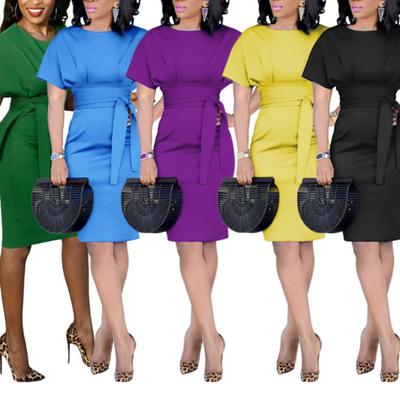 Women Solid Color Short Sleeve O Neck Belt Cocktail Bodycon Knee Length Dress