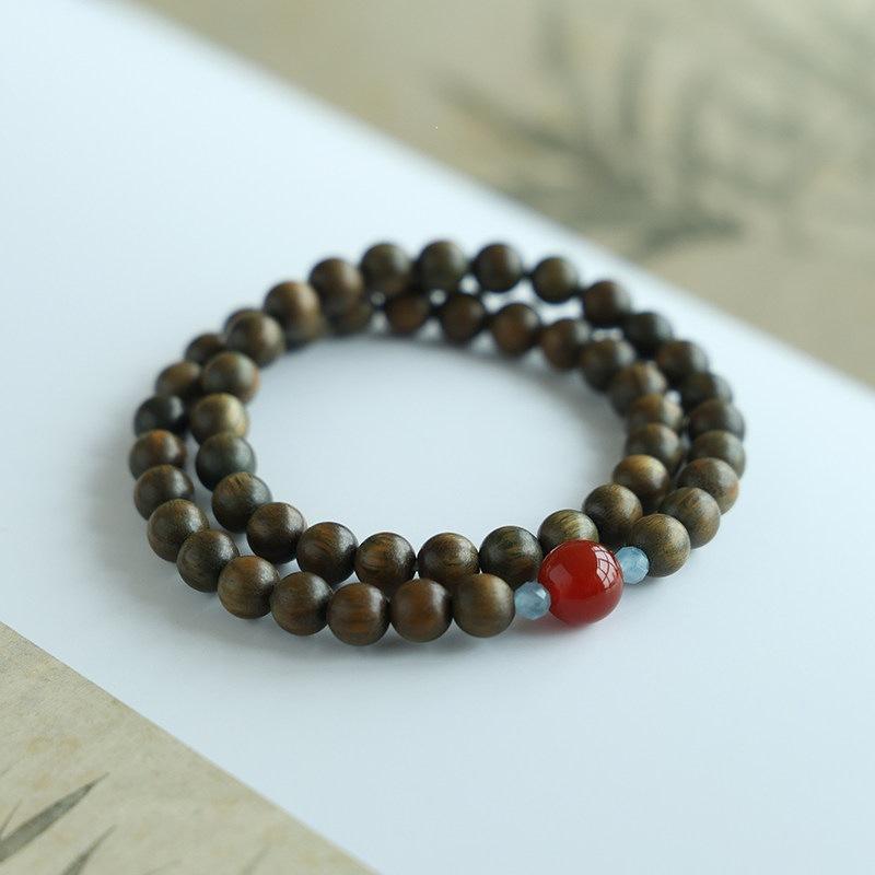 Green Sandalwood and Red Agate Bracelet, Aquamarine Crystal Bracelet, Wooden Sandalwood Jewelry, Unisex Gift, Couple s Bracelet 15-16CM Fits wrist size