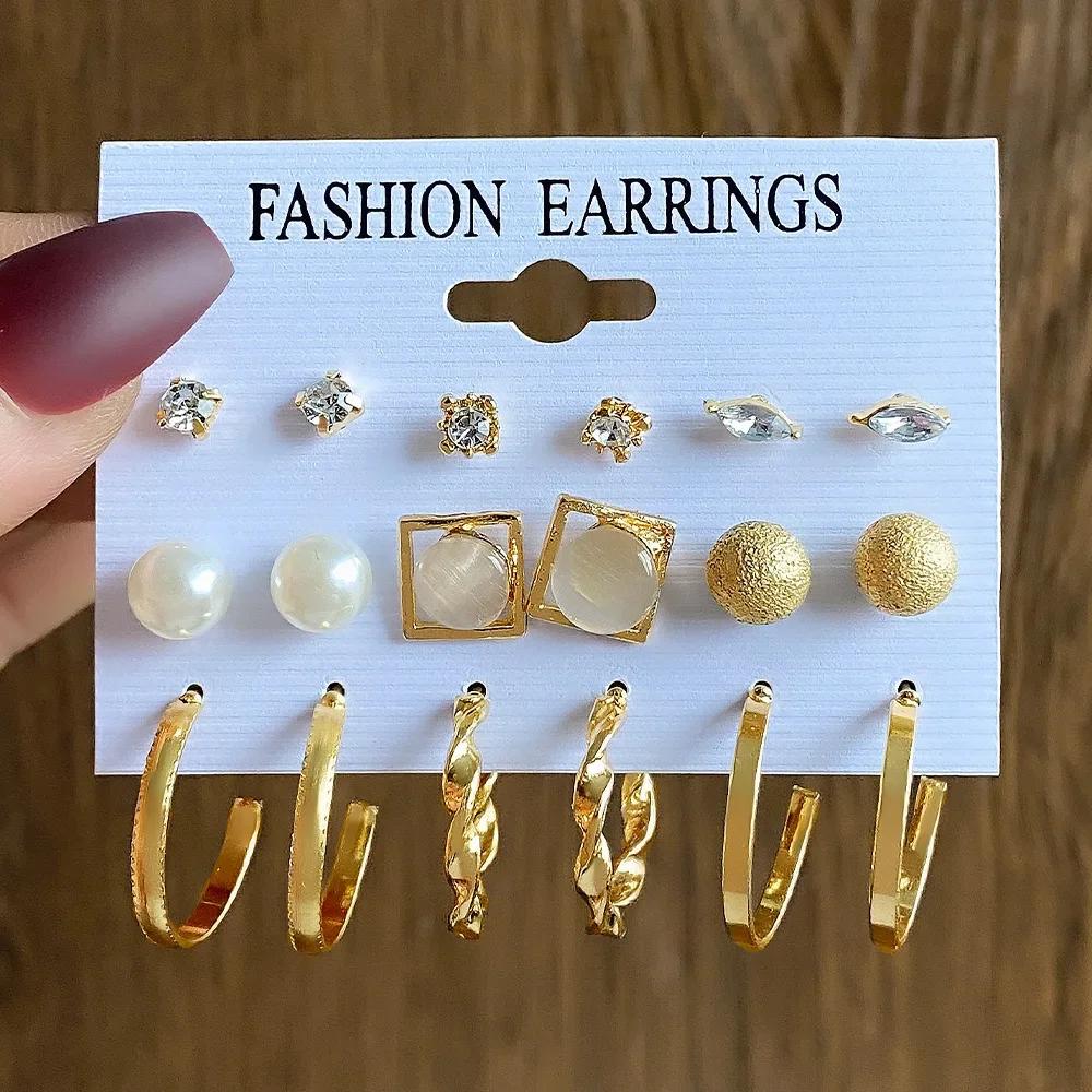 6 Pairs Boho Big Circle Hoop Earring Set for Women Gold Color Bohemia Vintage Zircon Zircon Gifts