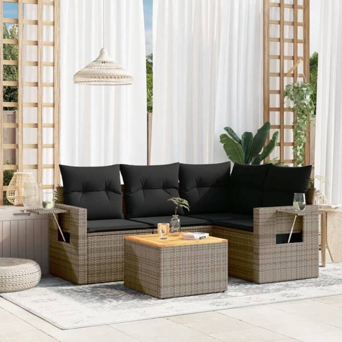 VidaXL Salon de Jardin avec Coussins 5 pcs, Canapés de Terrasse, Ensemble de Meubles de Patio, Mobilier d'Extérieur, Gris 3224548