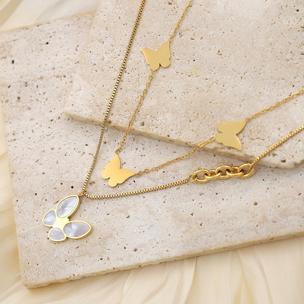 Fashion Light Luxury 18K Gold Fritillary Butterfly Pendant Necklace Women'S High-End Titanium Steel Double-Layer Stacked Collarbone Chain