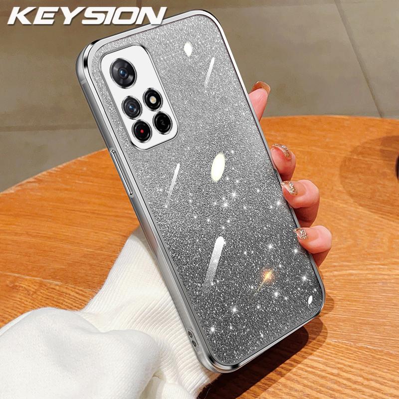 KEYSION Luxury Plating Glitter Phone Case for Xiaomi POCO M4 Pro 4G 5G Transparent Soft TPU Shockproof Back Cover for POCO M4 Pro 5G