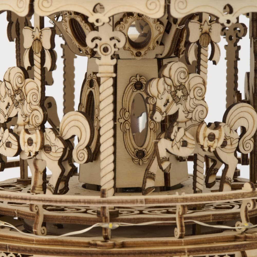 3D Moving Wooden Puzzle with LED and Music Box with Japanese Instructions Tsukurundesu® (Pony Carousel)