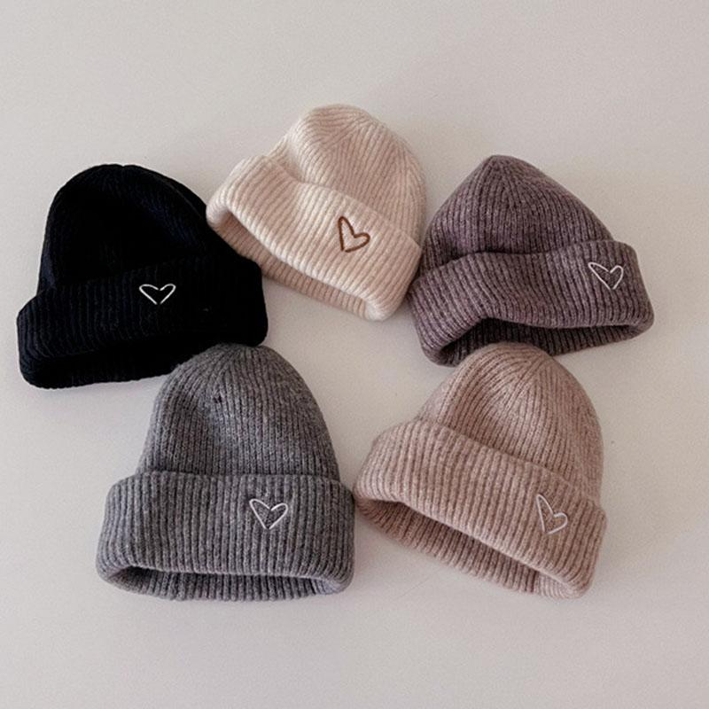Children Embroidery Heart Winter Beanie Hat Girls Boys Knitted Woolen Warm Cap Versatile Anti Cold Windproof Pullover Bonnet