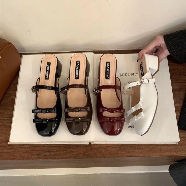 French Temperament Bag Head Half Slippers Outer Wear 2025 Summer New Fairy Style Bow High Heel Single Shoes Women's Shoes