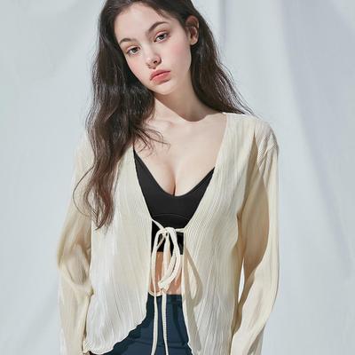 2024 Women Pleated Plain Shirts Spring Fall Chic Long Flare Sleeve V- Neck Tie Up Cardigans Tops for Casual Party Street