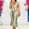 Women Plus Size V Neck Short Sleeve Printed Fitted Fishtail Dress With Pockets