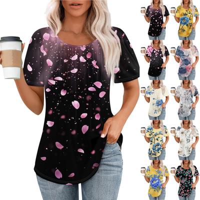 Modisches, lässiges T-Shirt für Damen mit Rundhalsausschnitt, Streifen und Blumenmuster, kurzärmelig