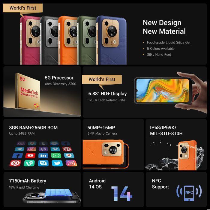 FOSSIBOT F112 Pro - Smartphone incassable 5G 6.88" 120Hz 24GB/256GB (1To) Dimensity 6300 50MP 7150mAh NFC Noir