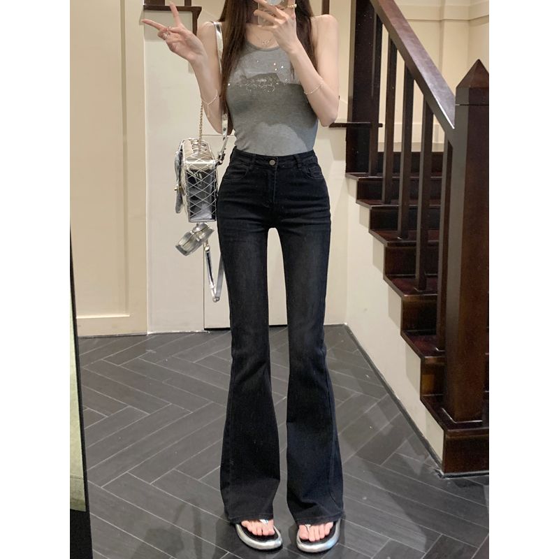 

Kumikumi Gyaru Style Bow Embroidery Jeans Women clothes Autumn Slim fit Slimming High Waist Black Bootcut Trousers Black XL