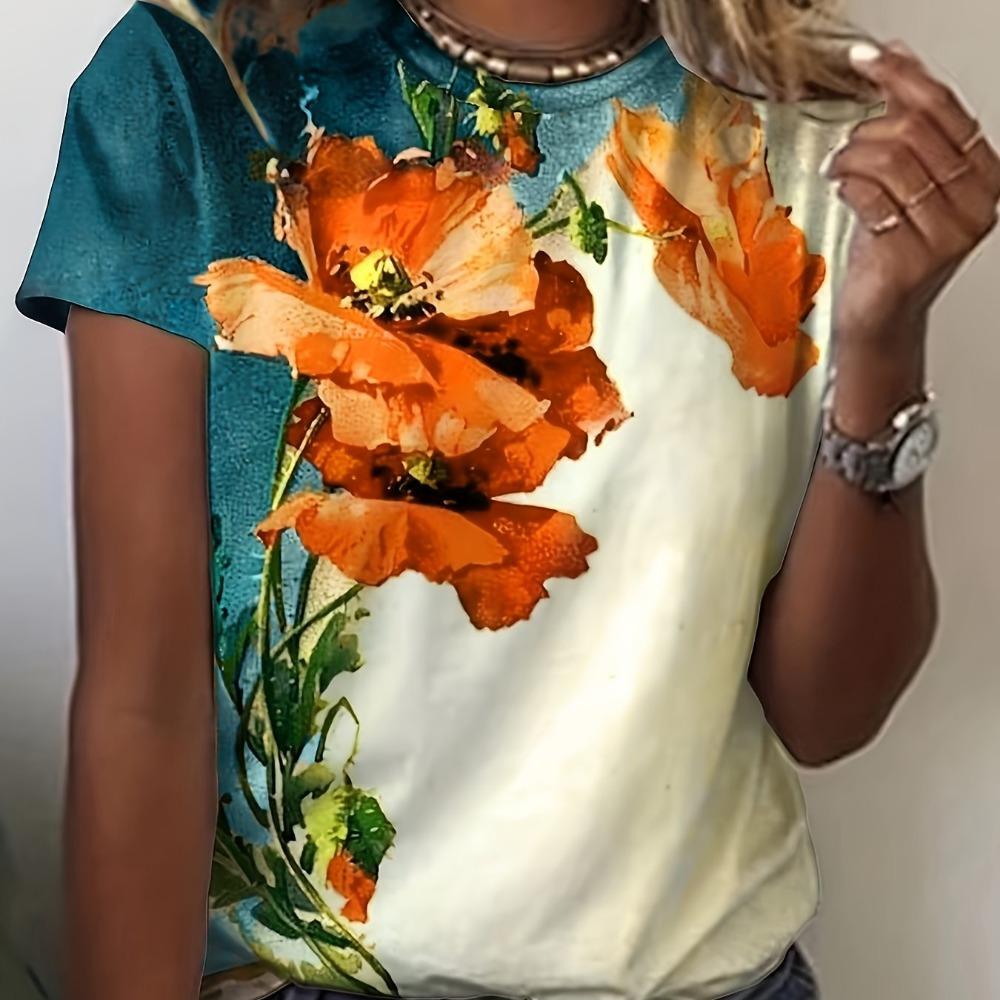 2026 Top Women Flower Printed Women's T-Shirt Oversized T-Shirt 3D Popular Clothes Women Clothing Short Sleeve Tees Blouse