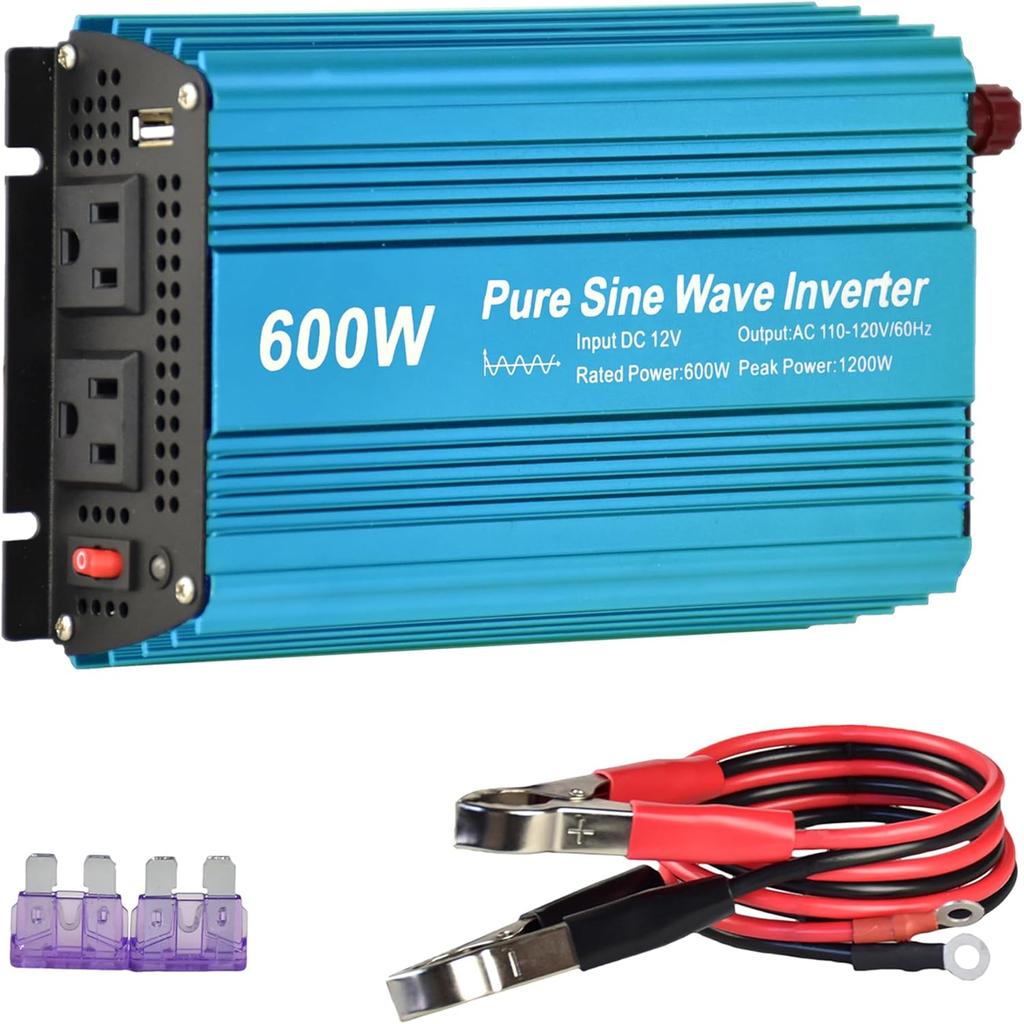 DC 12V to AC120V Pure Sine Wave Power Inverter 600W with Dual sockets Output and DC 5V 2Amp USB Output. Ideal for Most Small Power appliances. (600W)