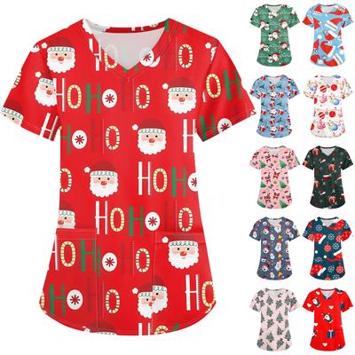 Women's Fashion V-neck Short Sleeve Workwear With Pockets Christmas Printed Tops