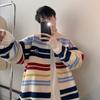 Striped stand-up neck cardigan sweater men's and women's trendy brand couple's knitted sweater loose autumn and winter lazy coat