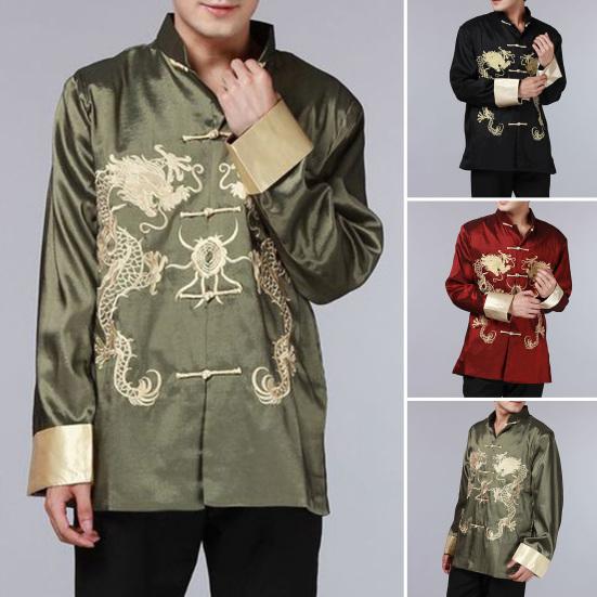 Sako v stylu Tang se dvěma draky Retro čínský styl Dlouhý rukáv Stojáček Kabát Tradiční čínské oblečení