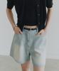 NOIRER FOR WOMAN Damaged Stripe Denim Shorts (Light Blue)