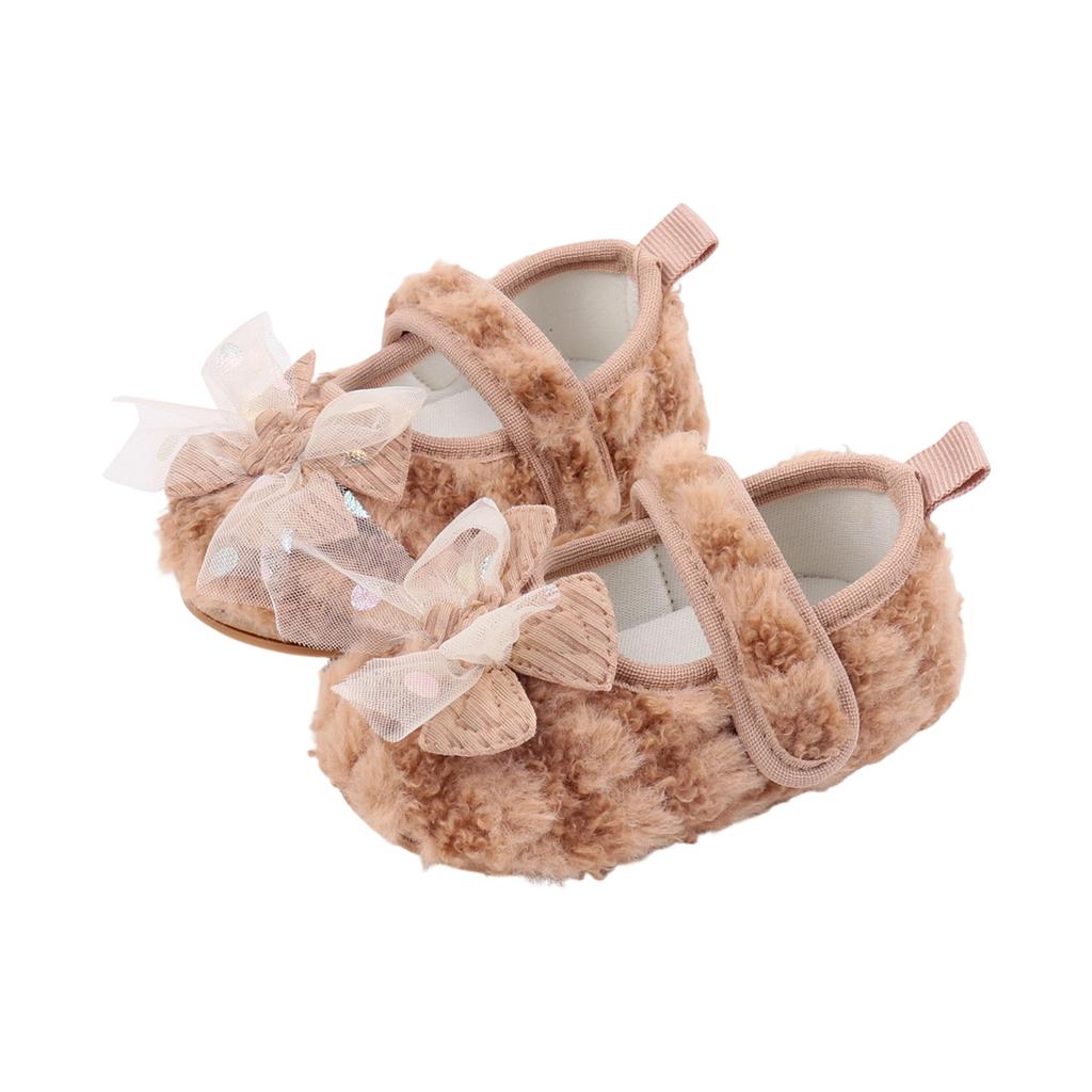 Citgeett Spring Infant Baby Girl Fuzzy Walking Shoes Bows Adjustable Straps Soft Comfortable Non-Slip Shoes