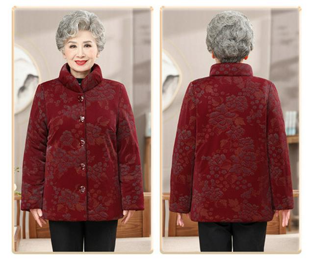 Elderly Women's Winter Fleece-Lined Cotton Jacket for 70-80 Year Olds