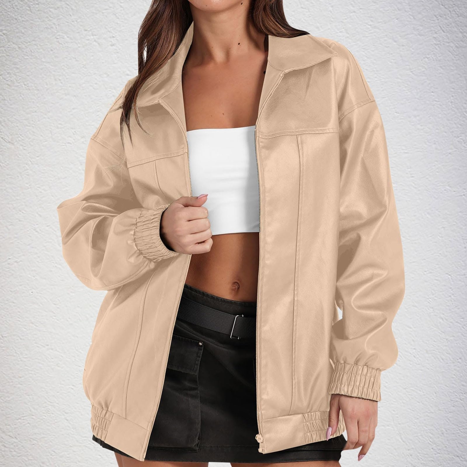 

Women s Fashion Leather Jacket, Long-Sleeved, Lapel, Zipper, Side Pockets, Casual Windbreaker Coat L