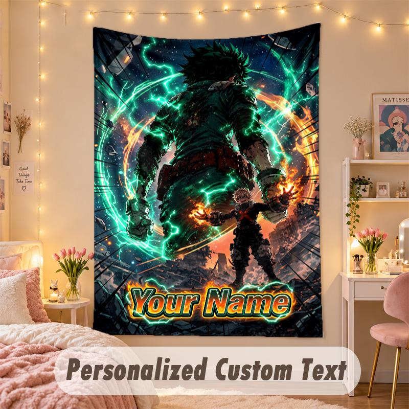 Custom Personalized Tapestry,My Hero Academia Print Custom Name Text Wall Art Hanging for Bedroom