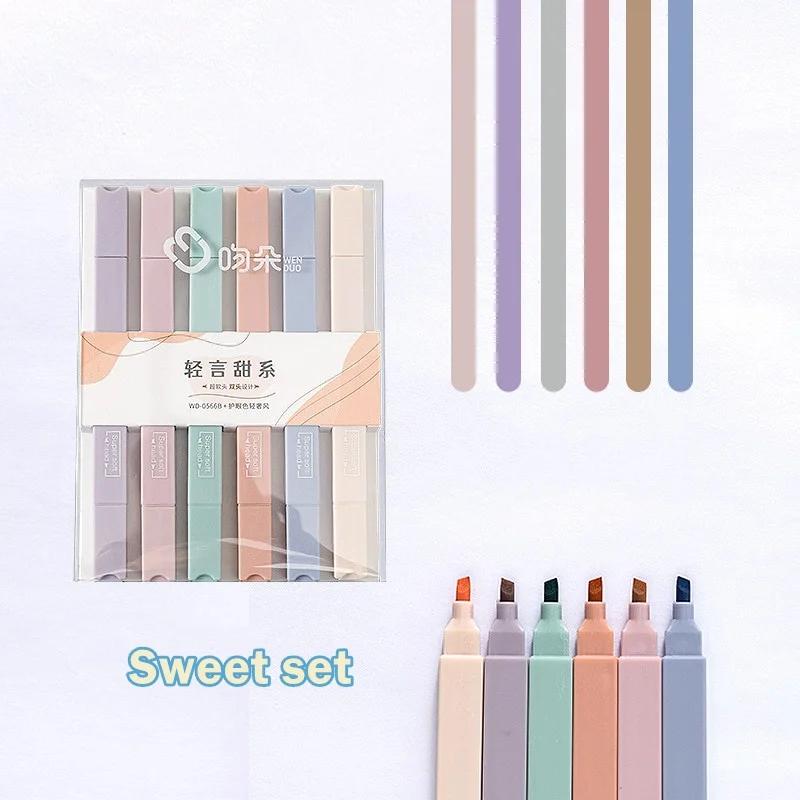 6Pcs Super Soft Double Head Color Marker Highlighter Pen Multi Mild Colors Protect Eye Spot Liner Office School Supplies