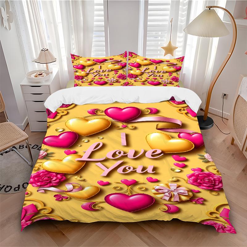 3Pcs Love Hearts Celebration Bedding Set Soft Fabric Duvet Cover Pillowcases Home Christmas Xmas Halloween Gift 1 Duvet Cover 2 Pillowcase G110