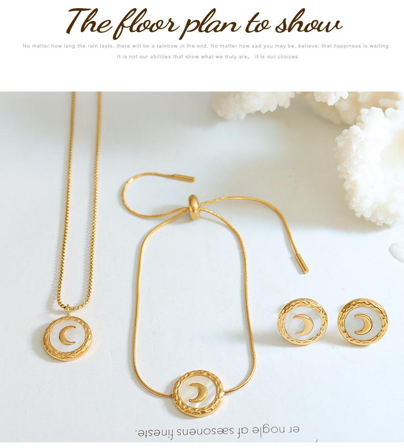 Women's Titanium Steel Jewelry Set: Crescent Moon Necklace, White Shell Earrings, and Non-Fading Bracelet.