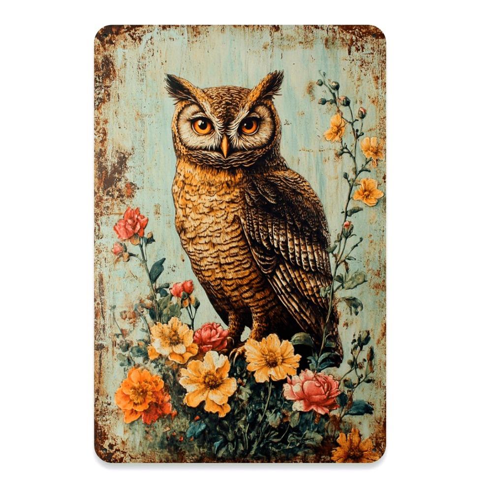HD Metal Tin Sign Vintage Owl with Colorful Flowers Retro Metal Plaque Poster for Farmhouse Garden Wall Decor 20x30cm(7.8x11.8inch)