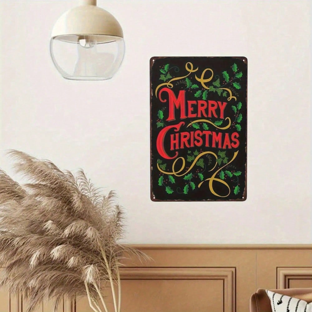 Vintage Christmas Metal Tin Sign Wall Art Country Style Holly Berry Pattern Holiday Home Decor