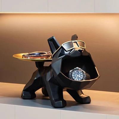 Harts Cool Bulldog Hantverk Hundbetjänt Med Bricka För Nyckelhållare Förvaring Smycken Djurrum Heminredning Staty Skulptur