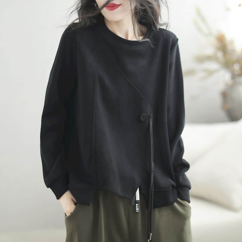 

Пуловеры женские Harajuku ретро свободные футболки с круглым вырезом повседневные корейский стиль длинный рукав нестандартный дизайн женская одежда тренд L чёрный