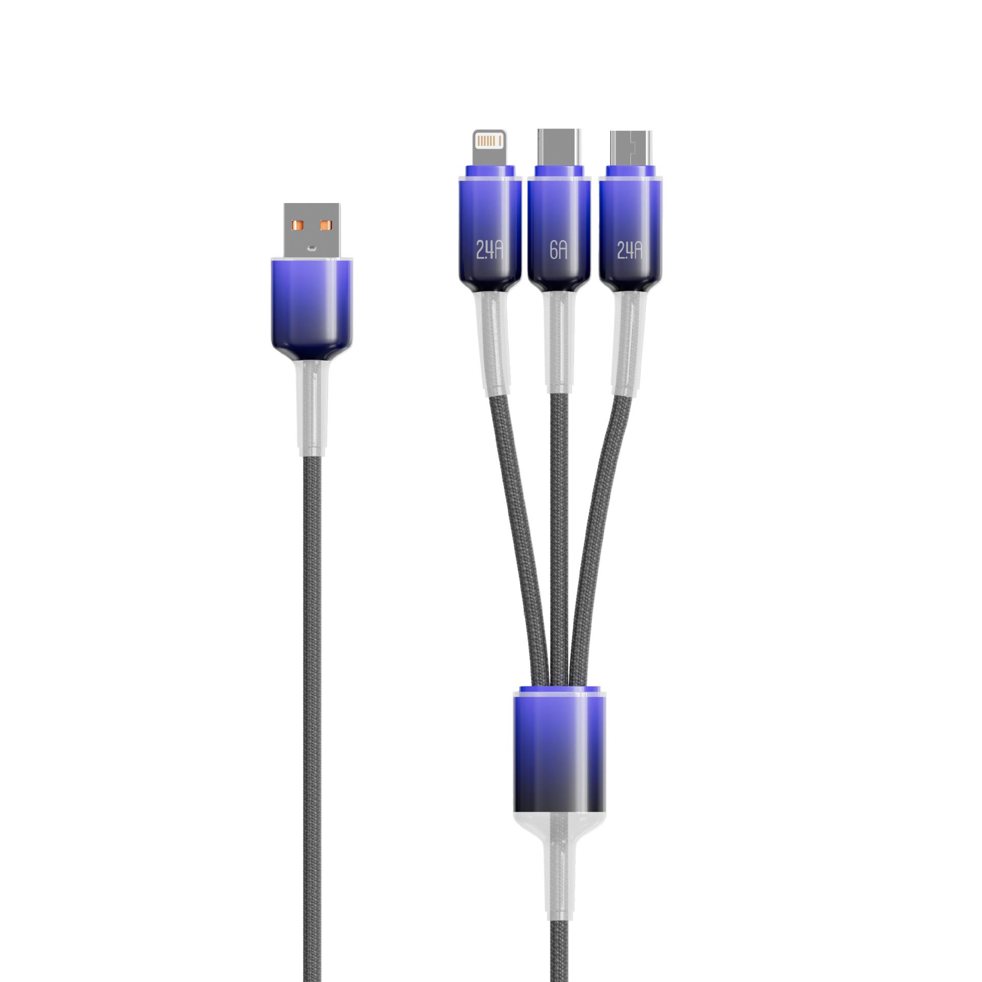 120W Ice Crystal Fast Charging One-to-Three Cable for Apple, Huawei, and Android Devices