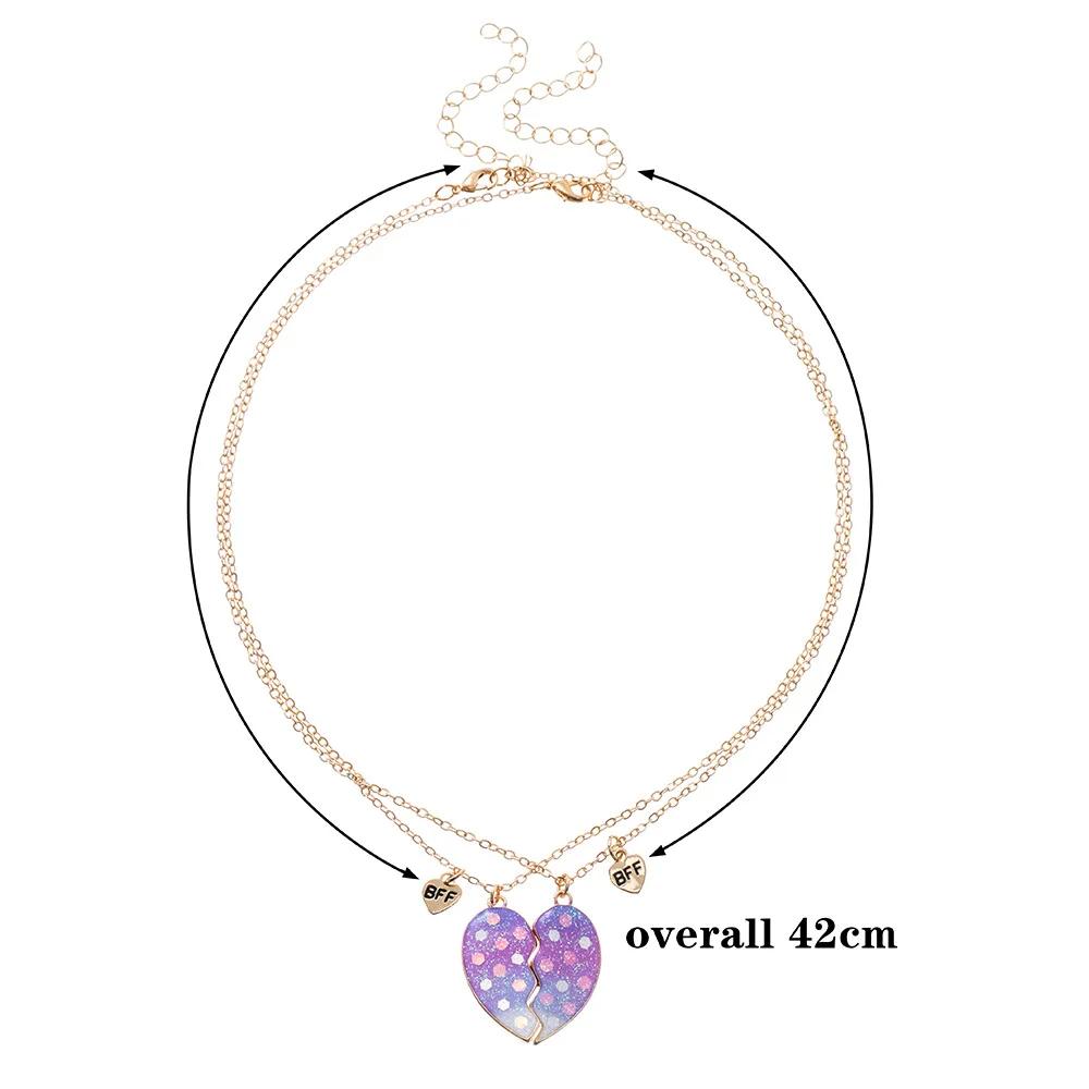Heart-shaped Scallion powder Sequin Pendant Best Friend Chain Lovely BFF Friendship Necklace for Friend Girl 2 Pcs/Set