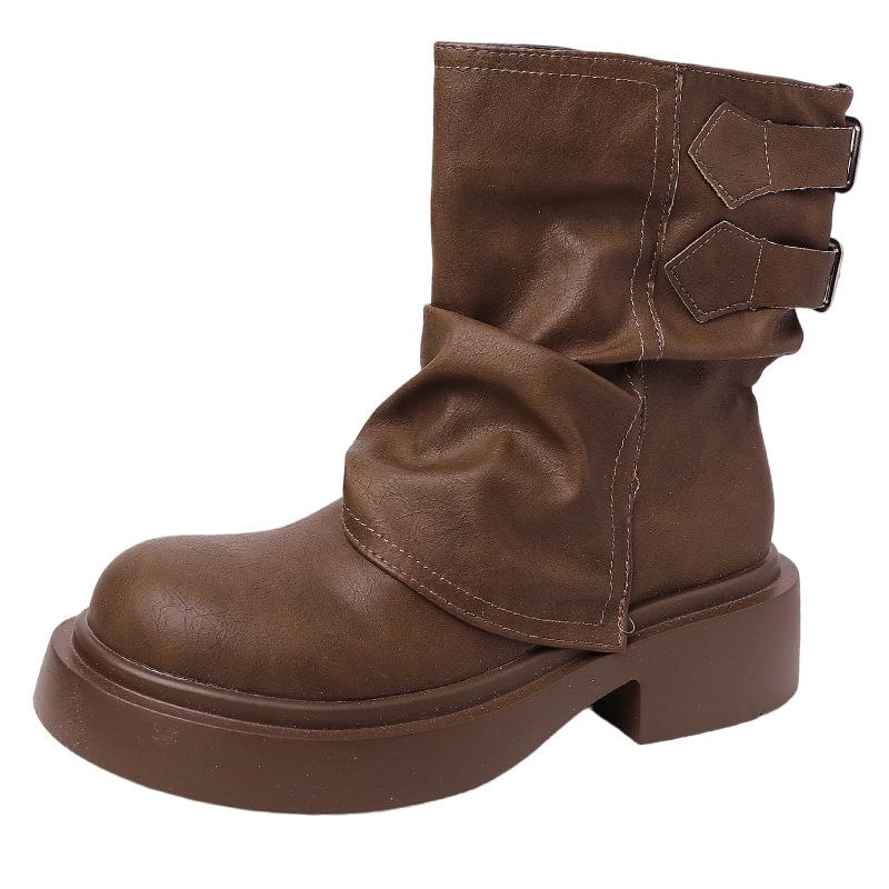 Retro thick-soled Martin boots women's autumn and winter French design casual versatile leather boots heightened and thin trouser tube boots fashio